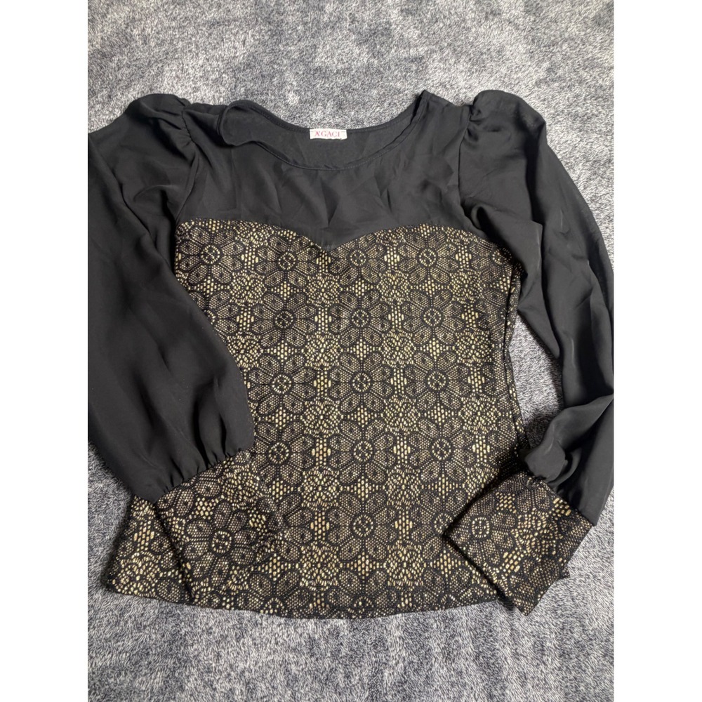A'GACI Womens Black Gold Metallic Lace Sheer Long Sleeve Blouse Top